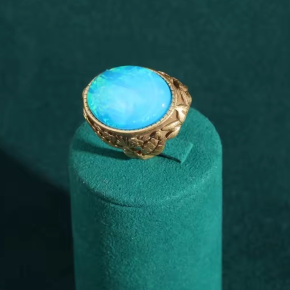Antique Blue Opal Gemstone Brass Ring Museum-Quality Treasure - Picture 5 of 6